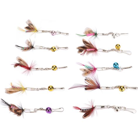 Lot de 10 plumes de rechange pour baguette à chat, accessoires pour jouer avec les insectes volants mignons et attrayants, avec clochette et crochet. (1/5)