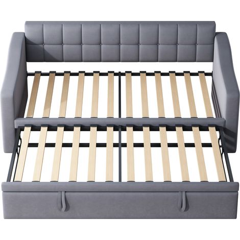 2-in-1 Polsterbett aus grauem Samt, ausziehbar von 90 auf 180 cm, mit Ladeports und Stauraum (1/5)