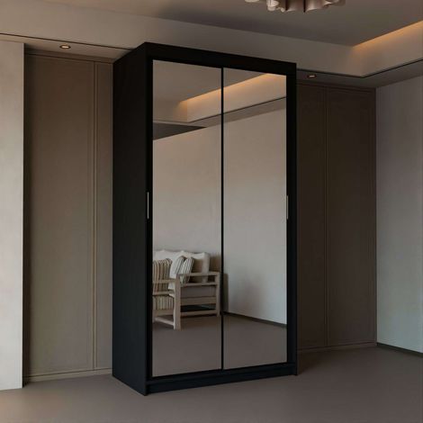 Modern 2 & 3 Door Sliding Wardrobe with Full-Length Mirror & LED Light - Black90cm (1/2)