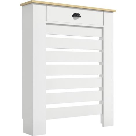 Weiße Heizkörperverkleidung aus Holz mit 2 Schubladen, horizontalem Lamellengitter, 78 cm (L) x 19 cm (T) x 95,5 cm (H)
