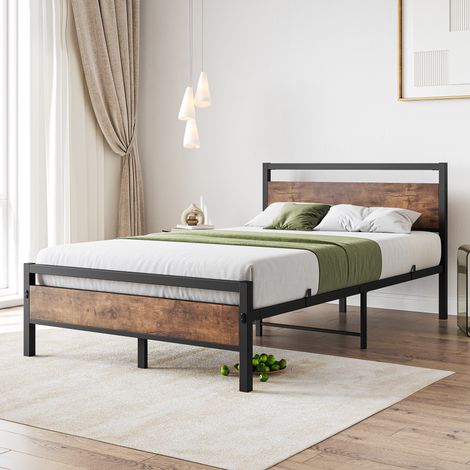 Cadre de lit 120x200 cm en métal et bois – lit simple stable avec sommier à lattes et espace de rangement, lit d'appoint/lit enfant (1/5)