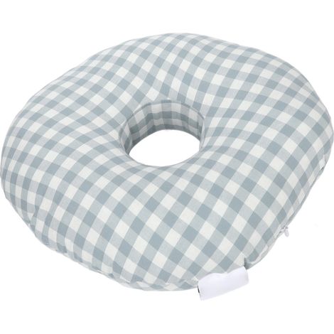 Coussin d'oreille rond en coton vichy bleu avec fermeture éclair et trou pour piercing d'oreille, idéal pour les plaies de pression. (1/5)