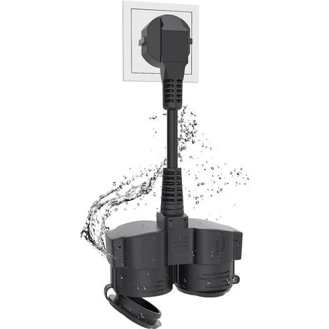 Double plug for socket, extension cord, external safety contact with 2 AC sockets, Schuko distribution box with 2 compartments, 5 cm, short cable, waterproof IP44, 3 x 1.5 mm², 16A/250V, black (1/5)