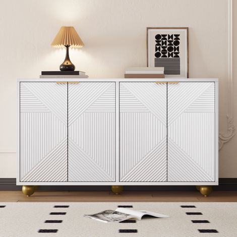 Buffet 120 cm, rectangulaire, avec 4 portes de sculptées, poignées en métal, rangement, étagères ajustables, pieds sphériques, meubles de salon en bois - Blanc