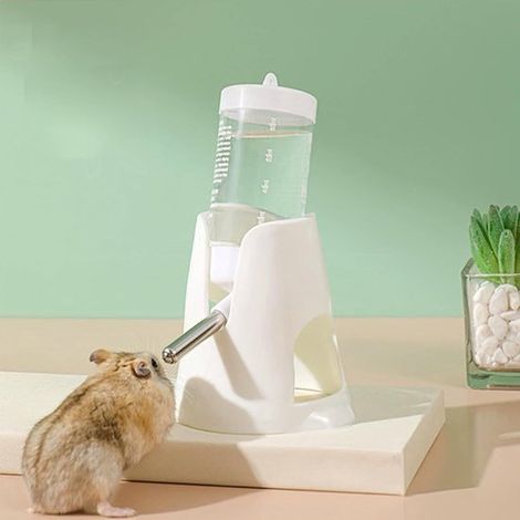 Bouteille d'eau blanche pour hamster avec support, base pour gamelle, distributeur d'eau automatique, convient aux hamsters nains, aux gerbilles et autres petits animaux.