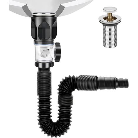 Kit de Bonde de Lavabo, Kit de Bonde de Lavabo avec Bouchon de Vidange pop-up en PVC, Kit de Siphon de 300 à 800 mm, Peut être Étendu pour un Drainage de 1-1/4" et 1-1/2" (1/5)