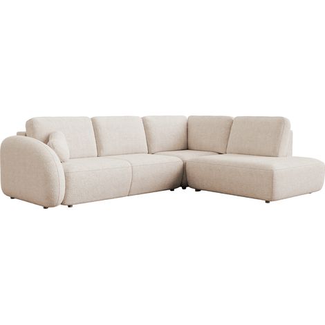 Mobilier Deco – Canapé d'angle convertible en tissu bouclette beige – Coffre de rangement – Méridienne intégrée – Confort moderne et chaleureux (1/4)