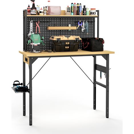 Établi réglable 120 cm avec panneau perforé, roulettes, prises AC/USB-C, 700 kg, rangement d'outils et tablette, pour garage et atelier - CHICFURN (1/5)
