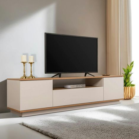 Meuble TV moderne 3 portes beige crème et effet pin MARFA