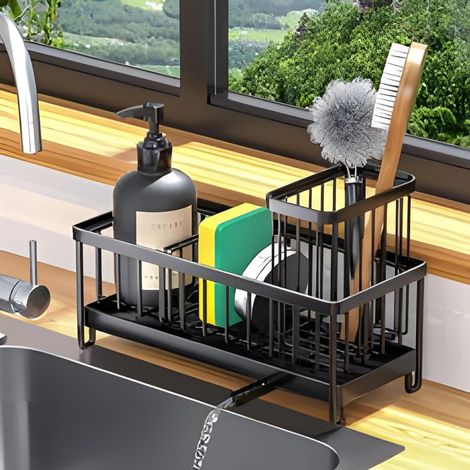 Porte-Éponge Évier Cuisine, Acier Inoxydable, avec Bac Vidange Automatique pour Bouchons, Brosses
