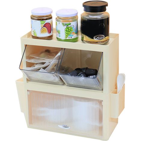Rangement mural pour sachets de thé, boîte à thé gain de place pour capsules café et snacks, bureau maison jaune crème (1/5)