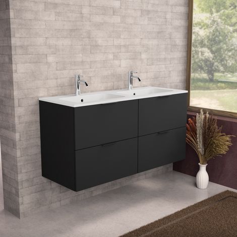 Inda - Badezimmerschrank B.120 mit Doppelwaschbecken matt / Mattschwarz 4 Schubladen - Topazio (1/5)