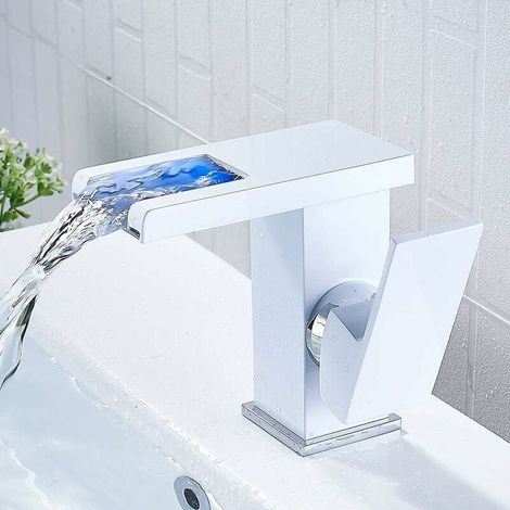 Waterfall LED Bathroom Faucet (White) Waterfall Hot Cold Countertop Sink Bathroom Faucet (1/5)