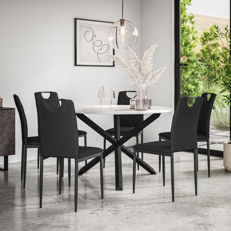 Malvern Round Dining Table And Chairs - Marble Table Top w Solid Oak Black Legs + Monza Faux Leather Dining Chair Set Of 6 (Black) (1/5)