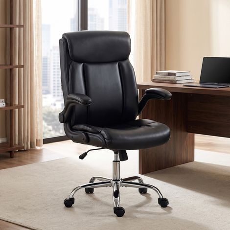 Chaise Bureau Ergonomique avec Accoudoirs Relevables, Fauteuil de Bureau en PU, Hauteur Réglable, Fonction Bascule, Noir (1/5)