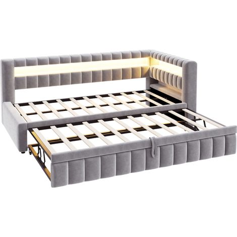 Lit rembourré 90 x 200 cm avec canapé-lit escamotable, LED, ports USB et Type-C, velours gris clair (1/5)