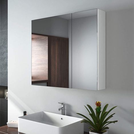 EMKE Specchio da bagno, 75 x 65 x 14,5 cm, specchio da bagno con ripiani regolabili, con maniglia invisibile e interruttore soft, doppie ante, doppio specchio, bianco opaco