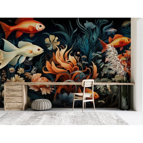 Papier peint animaux - poissons rouges et carpes koï dans les algues - 400 x 260 cm (1/2)