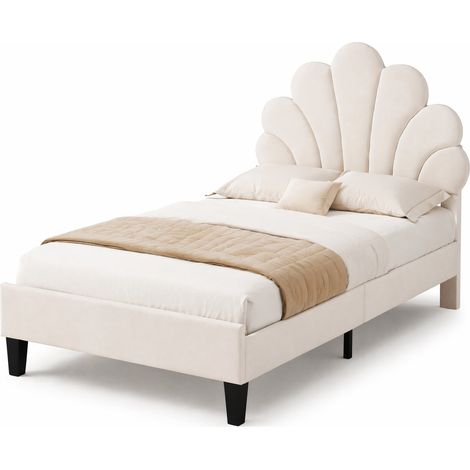 Lit enfant 90 x 200 cm en velours beige, tête de lit fleur, cadre MDF et lattes renforcées, couchage stable 200 kg pour chambre ado  CHICFURN (1/5)