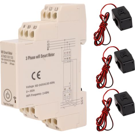 Compteur d'énergie intelligent WiFi 0-100A triphasé avec application de contrôle à distance et 3 capteurs de courant 100A 100-240V AC (1/5)