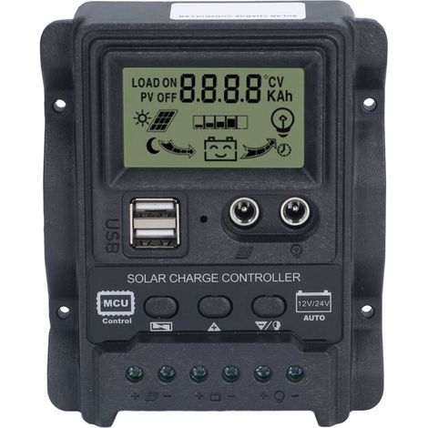 Controlador de carga solar USB dual con pantalla LCD ABS, control de luz PWM, 12V/24V/30A, 390W/780W