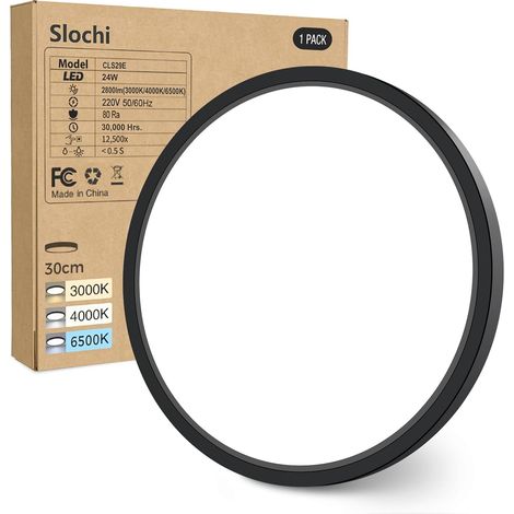Plafonnier LED 24W 3000K 4000K 6500K Noir, 2800LM IP54 Étanche pour Salle de Bain, Luminaire Rond Ø30CM pour Chambre, Salon, Couloir, Garage, Cuisine, Balcon (1/5)