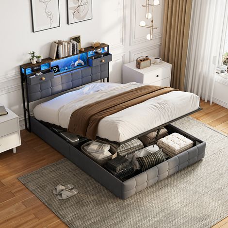 Lit Coffre 140x200 cm Velours Gris, Lit double capitonné avec LED et USB,Tête de Lit avec Rangement Intégré,Lit hydraulique pour adulte,Sommier à Lattes, Scandinave (1/5)