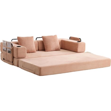 Canapé-lit pliant en velours côtelé avec accoudoirs, porte-gobelets et poches latérales, convertible en lit d'appoint abricot (1/5)