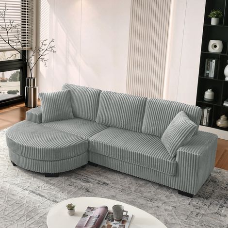 Canapé d’angle 256.5x133.5x89 cm gris en velours côtelé et mousse avec méridienne modulaire et 2 coussins (1/5)