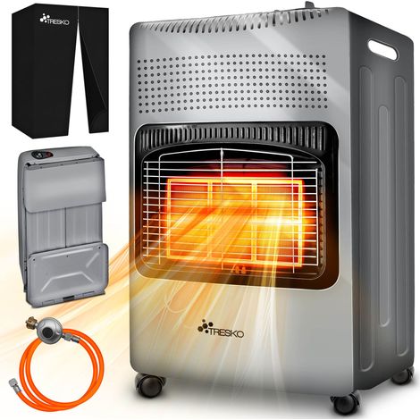 TRESKO Calentador de gas gris de 4200 vatios con regulador de presión, manguera y tapa Horno de gas, calentador de gas cerámico con 3 configuraciones Calentador de gas infrarrojo para bombonas de bu