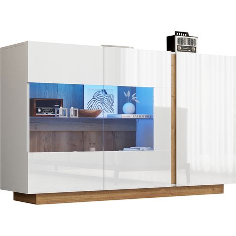 Buffet de rangement blanc brillant 3 portes avec verre trempé et éclairage LED RGB Bluetooth, 138 x 38,5 x 90,5 cm pour salon ou chambre  CHICFURN (1/5)