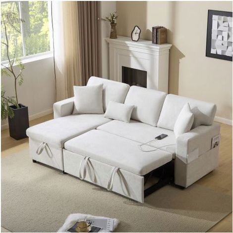 Canapé d'angle convertible - SOGEU - 214x131x87cm - Coffre de rangement - Port USB - Étagère intégrée (1/5)