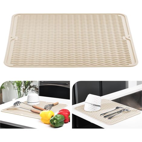 Tapis d'égouttoir 30 x 40 cm, résistant à la chaleur, dessous de verre en silicone antidérapant, maniques, napperon, étagère à cuillères (beige) (1/5)