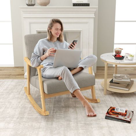 Chaise d'Appoint à Bascule Fauteuil avec Accoudoirs en Bois d'Hévéa Dossier Large Rembourré Coussin de Siège Rembourré Oreiller Lombaire Naturel Maison Chic (1/2)
