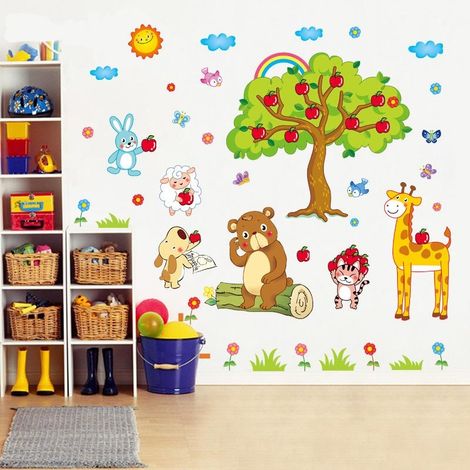 Sticker mural Forêt d'animaux et pommier - Décoration murale - Papier peint autocollant (1/4)