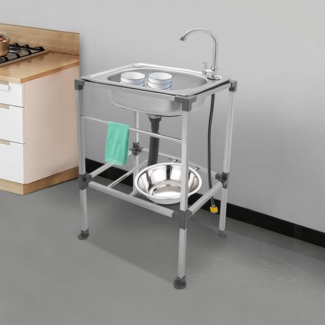 Edelstahl Multifunktionswaschtisch, Kommerzielle Edelstahlspüle mit Wasserhahn, Mobile Spüle Edelstahl Küchenspüle, Multifunktions Waschtisch mit Wasserhahn Freistehende Spülbecken (48x35x83CM)