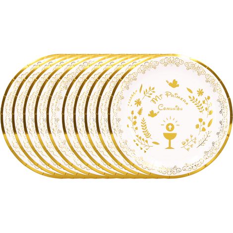 Heißgeprägte, goldfarbene Pappteller, Set mit 10 Stück, für die spanische Kommunion Mi Primera Comunión, Einwegteller. (1/5)