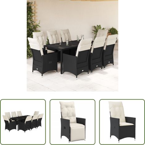 Gartentisch - 9-tlg. Garten-Essgruppe mit Kissen Schwarz Poly Rattan (1/5)