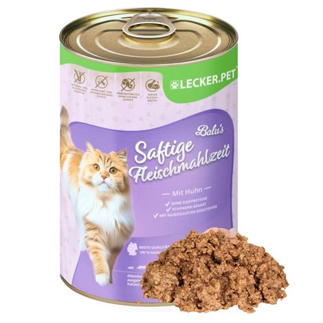 24 x 400 g de nourriture humide pour chat Lecker.Pet® Balu's Saftige Fleischmahlzeit mit Huhn (repas de viande juteuse au poulet)