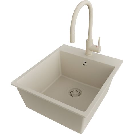 PRIMAGRAN Evier Cuisine en Granit 43x50cm,Lavabo 1 bac + Robinet 38x14cm + Kit de Vidage, Évier à Encastrer au meuble 45cm - Riga, Beige (1/5)