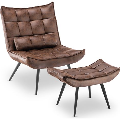 M MCombo Sessel mit Hocker 4779BR, moderner Relaxsessel mit Taillenkissen für Wohnzimmer, Retro Vintage Lesesessel Loungesessel Stuhl Polstersessel, Mikrofaser, Braun,