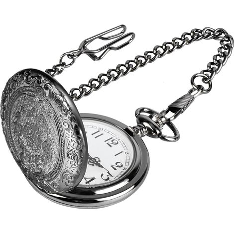 Montre de Poche Montre Gousset Vintage à Quartz avec Chaîne pour Hommes Femmes Papa Fête d’Anniversaire (Noir)
