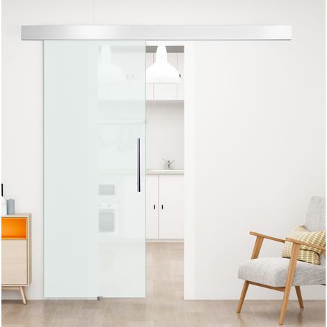 Porte coulissante en verre satiné sur une face 2050 x 900 mm avec poignée et kit complet OKWISH (1/5)