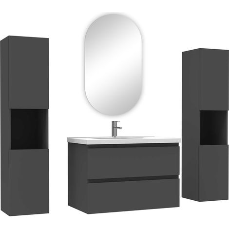 Acezanble ensemble meubles Salle de Bain avec colonne et miroir ovale mural 80cm meuble Anthracite