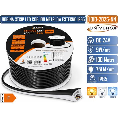 UNIVERSO 1010-2025-N BOBINA 100 METRI STRIP LED FLESSIBILE DC 24V 9W/M SMD 2025 IP65 COPERTURA NERA DIVISIBILE A QUALSIASI MISURA PER ESTERNO ED INTERNO 130 LED/M FASCIO 180Â° (1/4)