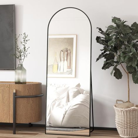 Miroir de Sol cintré de 162 x 53 cm, Miroir Mural intégral avec Cadre en Aluminium, Miroir Complet à Poser ou à Suspendre, pour Chambre à Coucher, Salon, Noir (1/5)