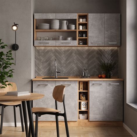 Cuisine R-Line, Béton/force d'or Chêne, 160cm, PT Chêne, Vicco
