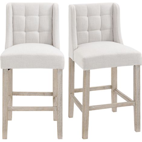 Ensemble de 2 tabourets de bar capitonnés, en bois massif, avec repose-pieds, 47 cm x 50 cm x 101 cm, gris et naturel (1/5)