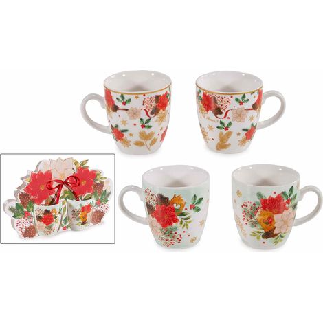 Tazzine da caffè in porcellana con stampa stella di Natale in confezione regalo sagomata con fiocchetto, set da 4 pezzi, Tazzina: Ø 5,5 cm x 6 H