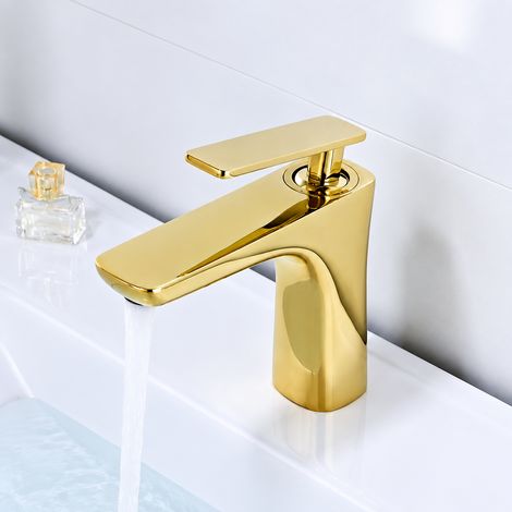 Mitigeur lavabo salle de bain modèle bas doré avec tuyaux d'arrivée d'eau de 60 cm cuivre eau chaude et froide 40 × 30 × 10 cm 930 g – Livraison gratuite (1/2)